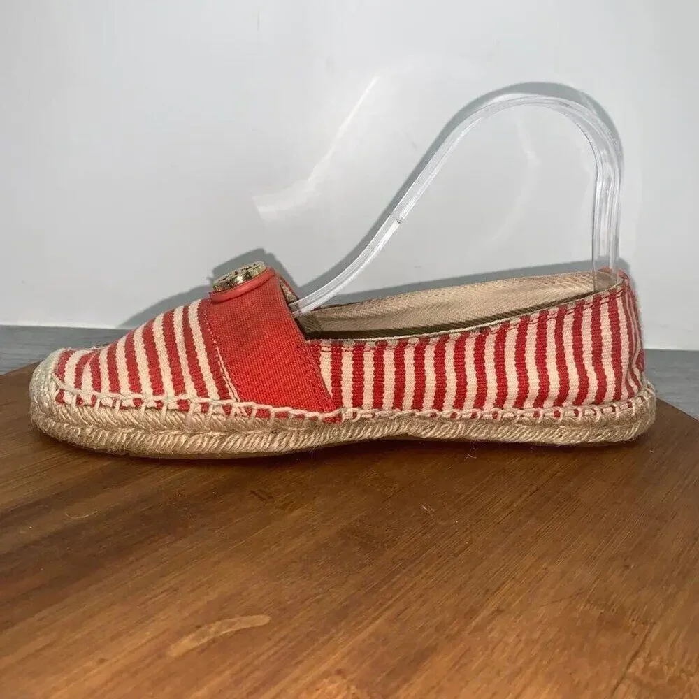 Tory Burch Size 9 Beacher Canvas Espadrille Flats Stiped Red Natural Logo Shoes